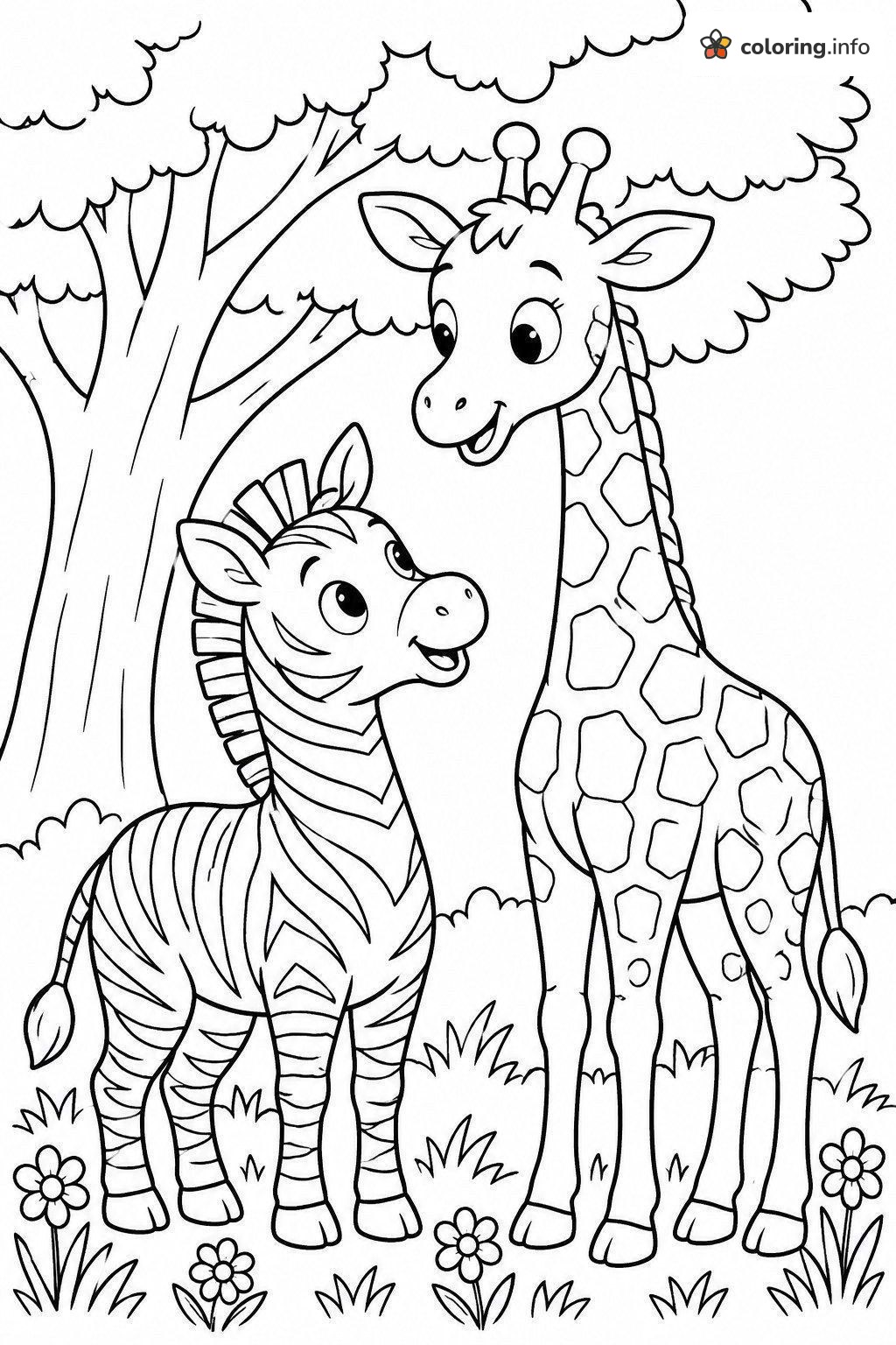 Zebra and Giraffe Friends Under a Leafy Tree coloring page Zebra and Giraffe Friends Under a Leafy Tree coloring page