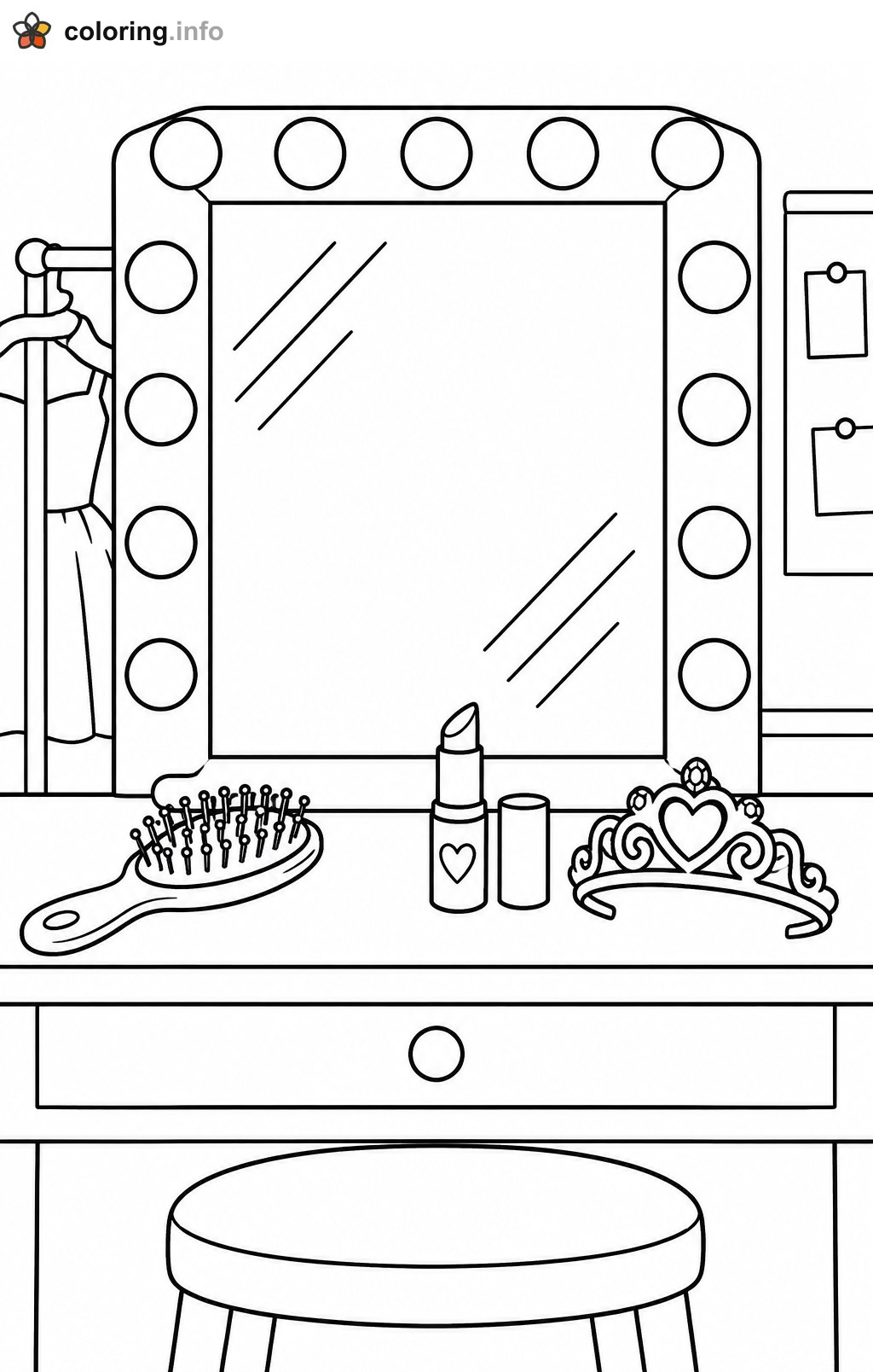 Backstage Vanity Mirror With Tiara and Lipstick printable coloring page Backstage Vanity Mirror With Tiara and Lipstick printable coloring page