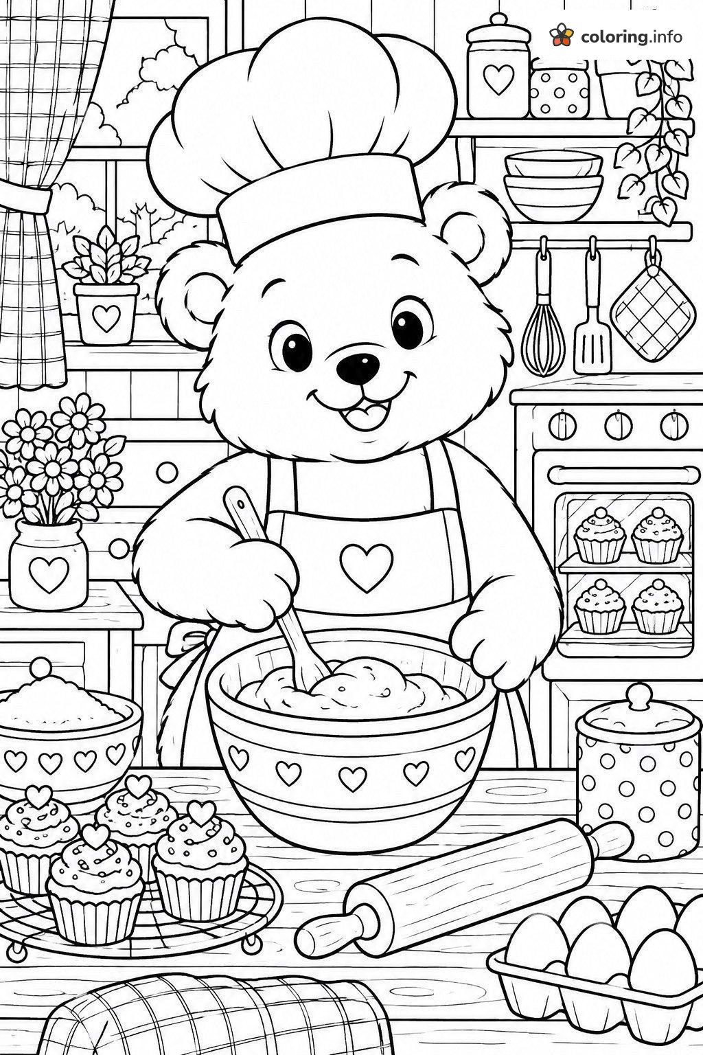 Baking Bear Stirring Batter in a Heart Kitchen coloring page Baking Bear Stirring Batter in a Heart Kitchen coloring page