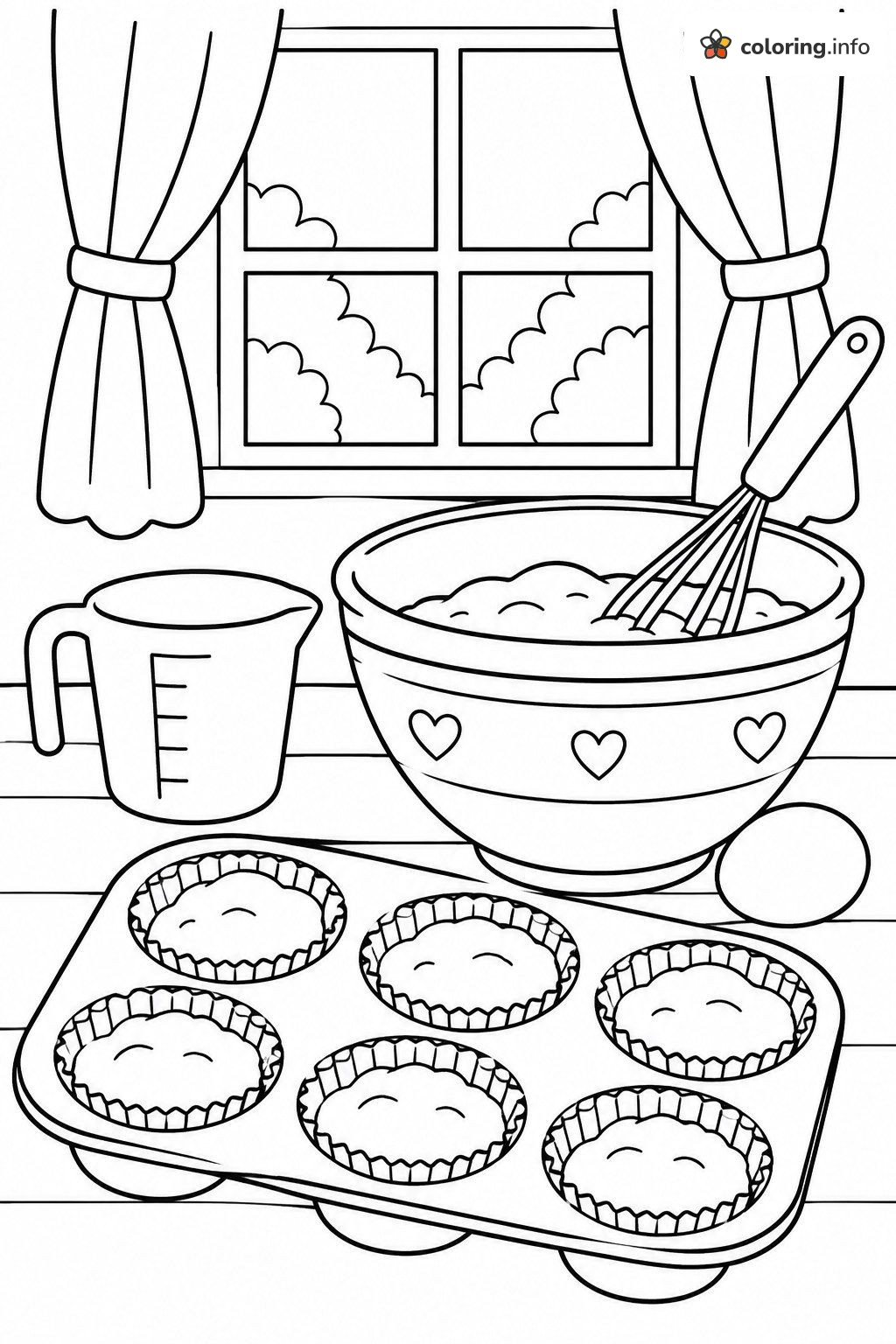 Muffin Tin Baking Scene with Cupcake Liners and Heart Bowl coloring page Muffin Tin Baking Scene with Cupcake Liners and Heart Bowl coloring page