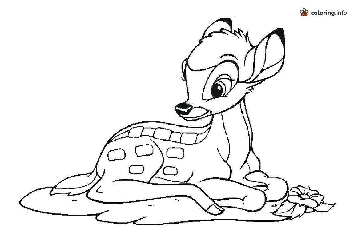 Resting Bambi Fawn with a Flower, Disney Coloring Page Resting Bambi Fawn with a Flower, Disney Coloring Page