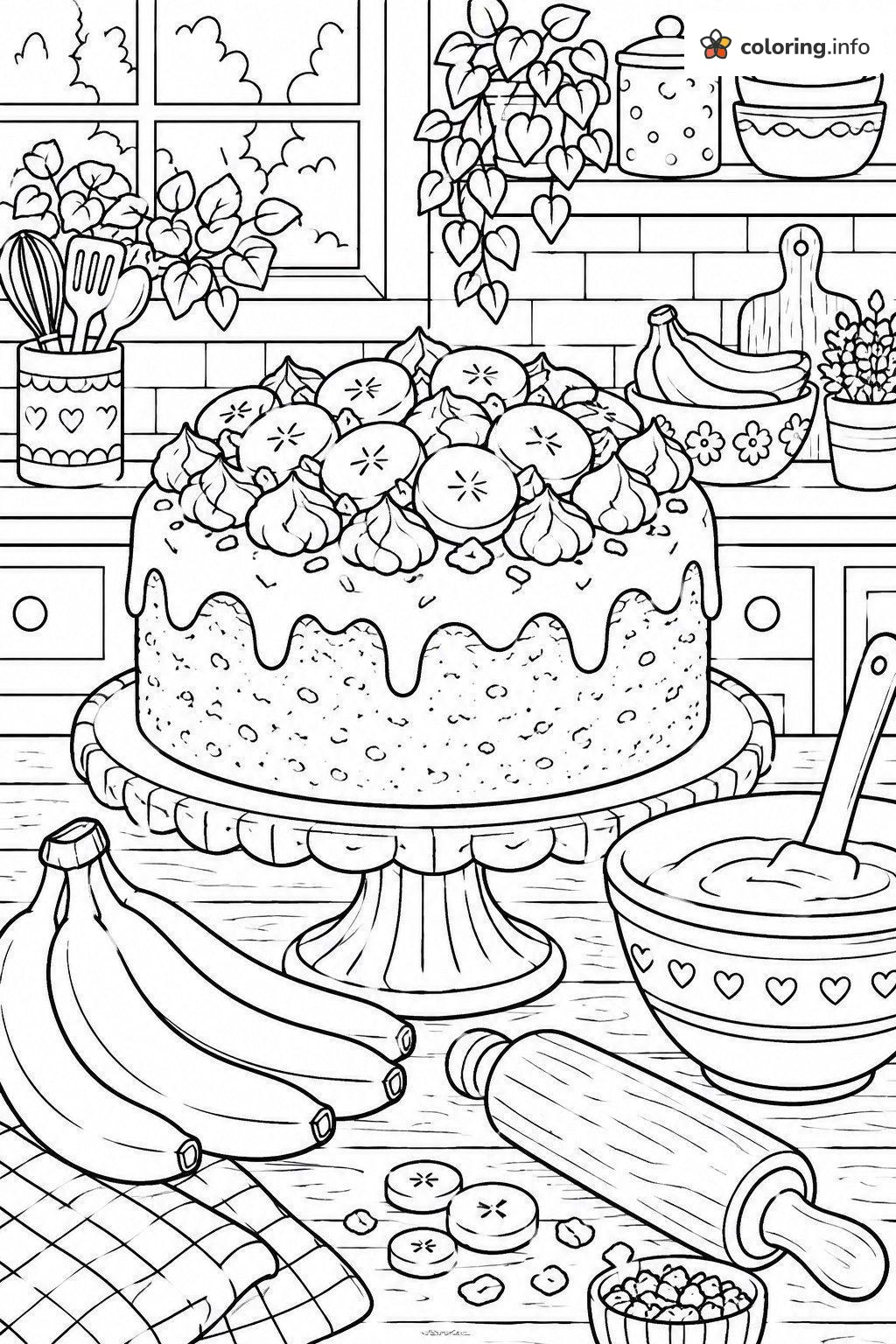 Cozy Kitchen Cake Topped with Banana Slices printable coloring page Cozy Kitchen Cake Topped with Banana Slices printable coloring page