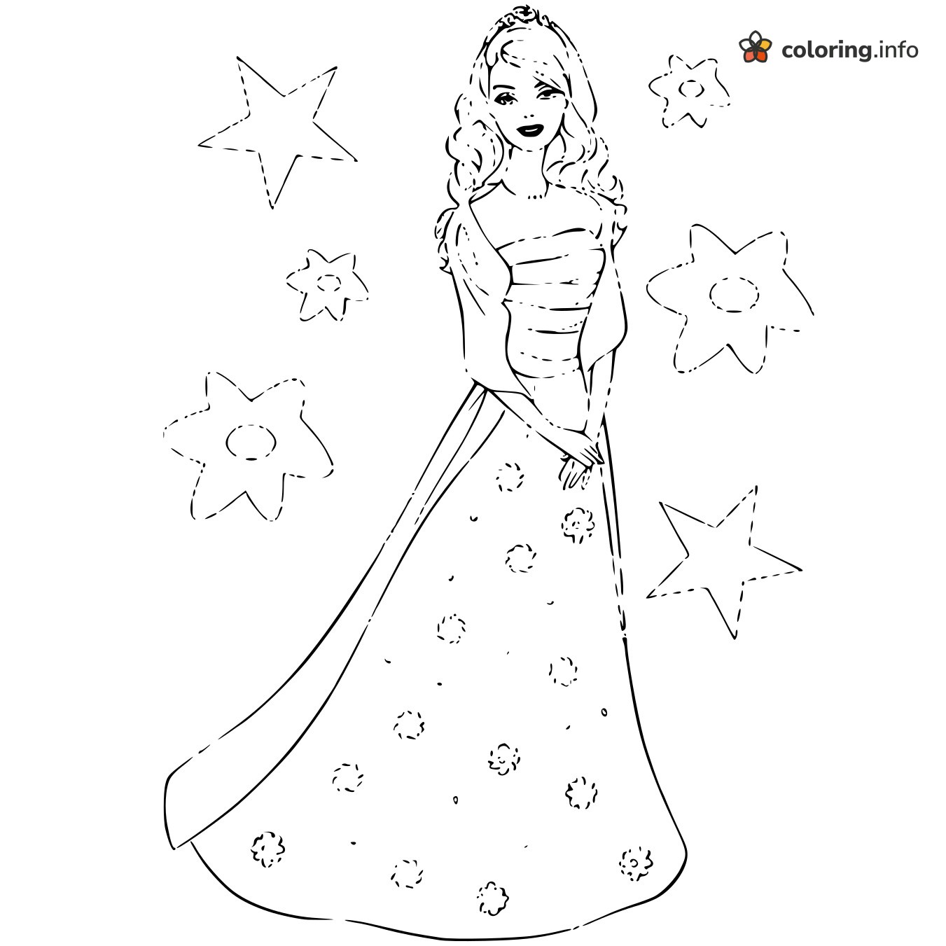 Flower Gown Barbie Ringed by Dashed Stars coloring page Flower Gown Barbie Ringed by Dashed Stars coloring page