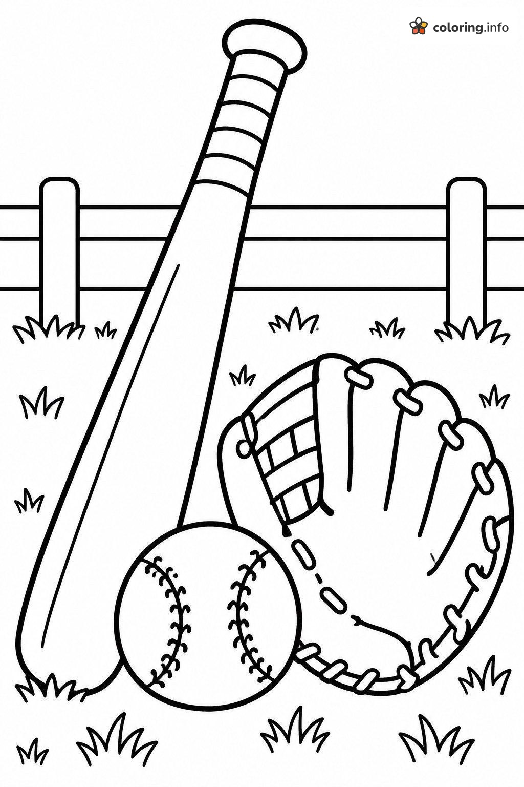 Baseball Bat and Glove Leaning by a Wooden Fence coloring page Baseball Bat and Glove Leaning by a Wooden Fence coloring page