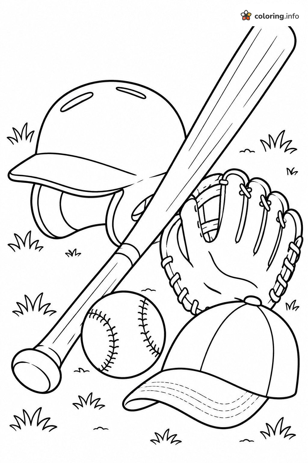 Classic Baseball Gear Resting on the Grass coloring sheet Classic Baseball Gear Resting on the Grass coloring sheet