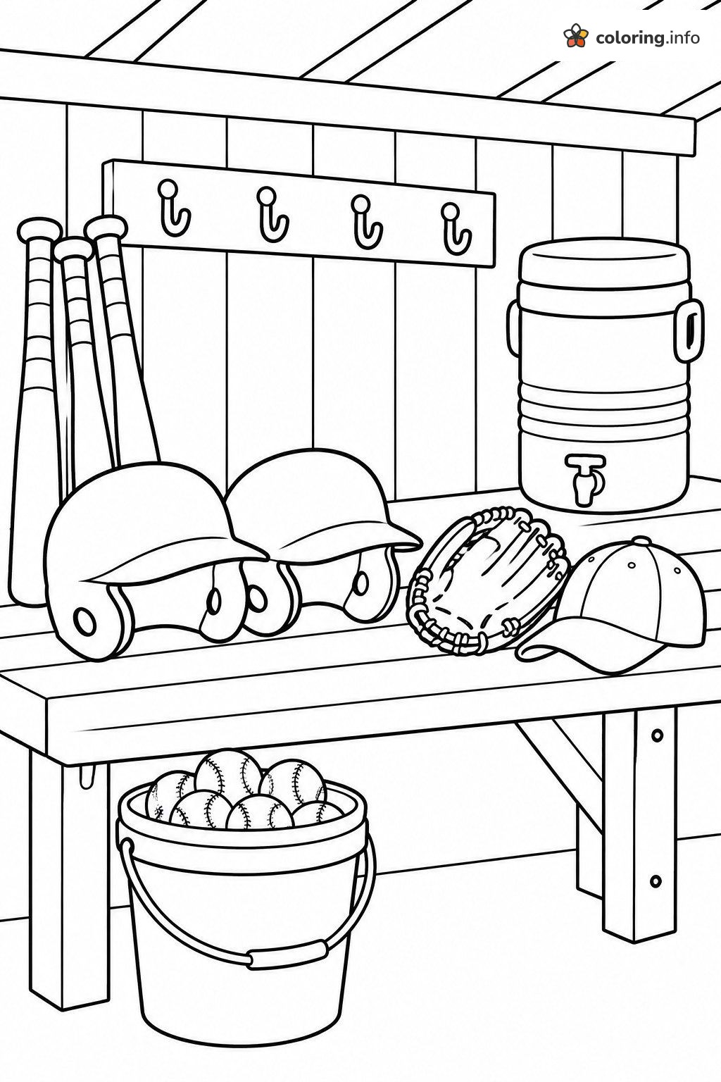 Inside the Baseball Dugout: Bench, Bats and Water Cooler coloring page Inside the Baseball Dugout: Bench, Bats and Water Cooler coloring page