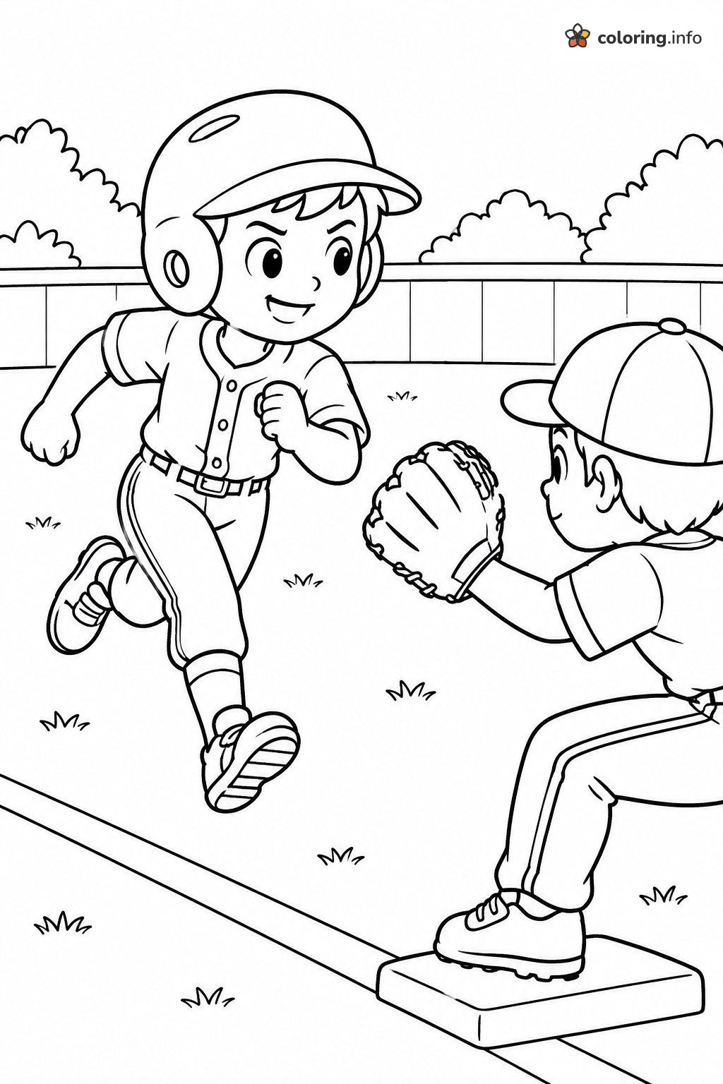 Runner Dashing to Base While the Baseball Fielder Waits coloring page Runner Dashing to Base While the Baseball Fielder Waits coloring page
