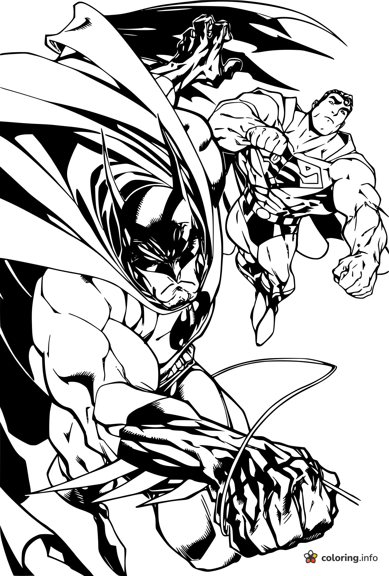 Batman Lunging Ahead of Flying Superman printable coloring page Batman Lunging Ahead of Flying Superman printable coloring page