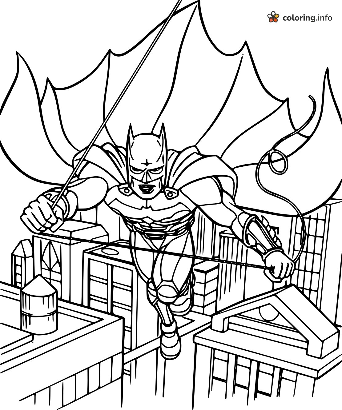 City Skyline Batman Swinging on Grapple Lines coloring page City Skyline Batman Swinging on Grapple Lines coloring page
