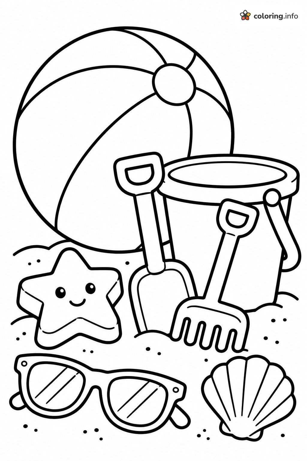 Sand Toys, Beach Ball, Sunglasses and Seashell coloring page Sand Toys, Beach Ball, Sunglasses and Seashell coloring page