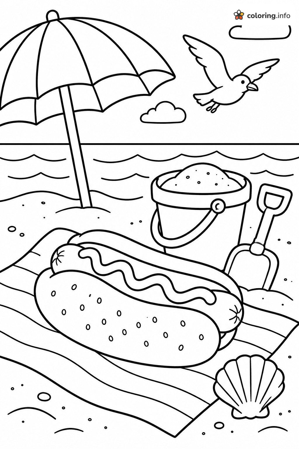 Seaside Hot Dog on a Striped Towel with Seagull coloring page Seaside Hot Dog on a Striped Towel with Seagull coloring page