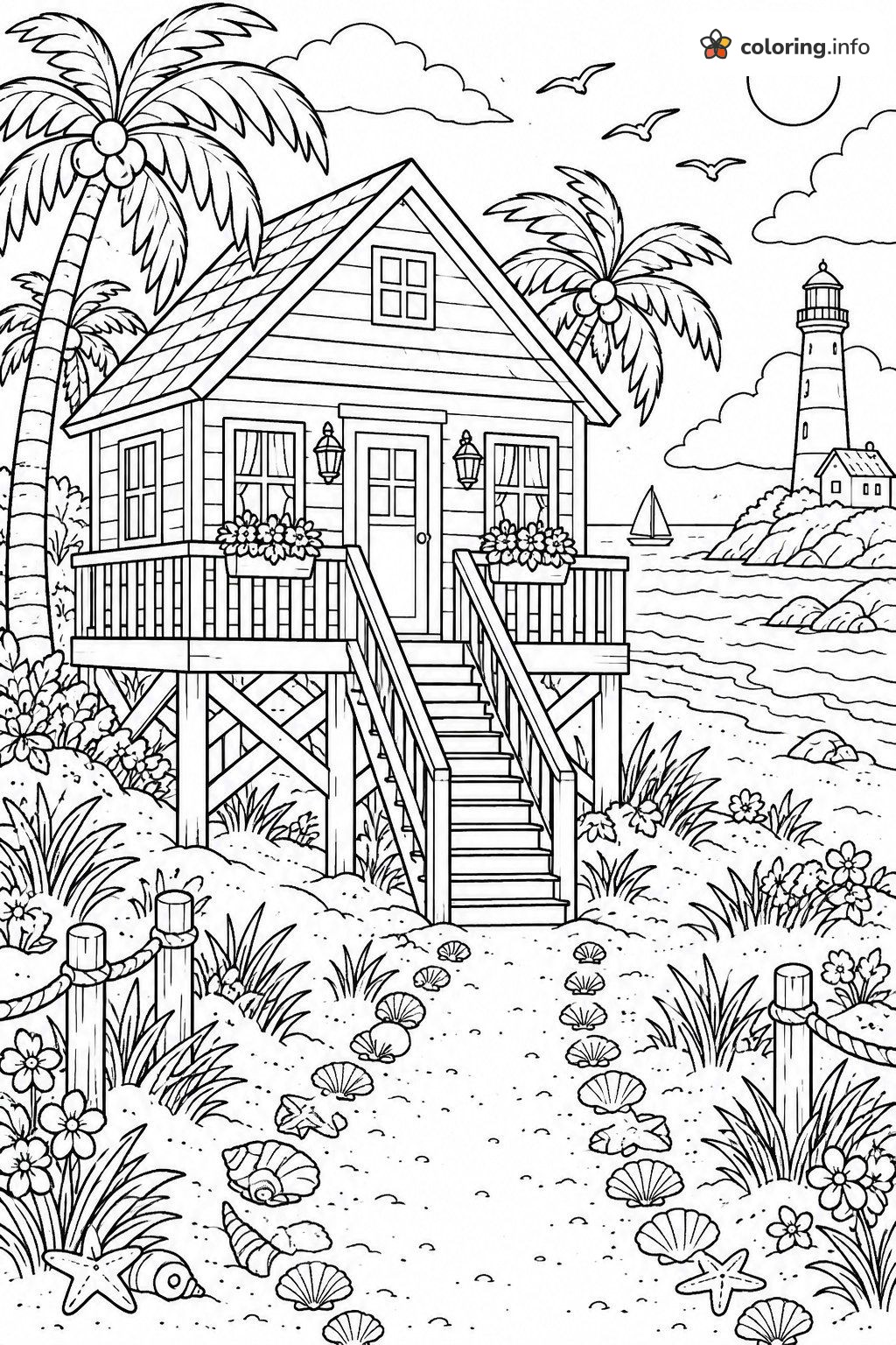 Seaside Stilt House With Lighthouse and Seashells coloring page Seaside Stilt House With Lighthouse and Seashells coloring page