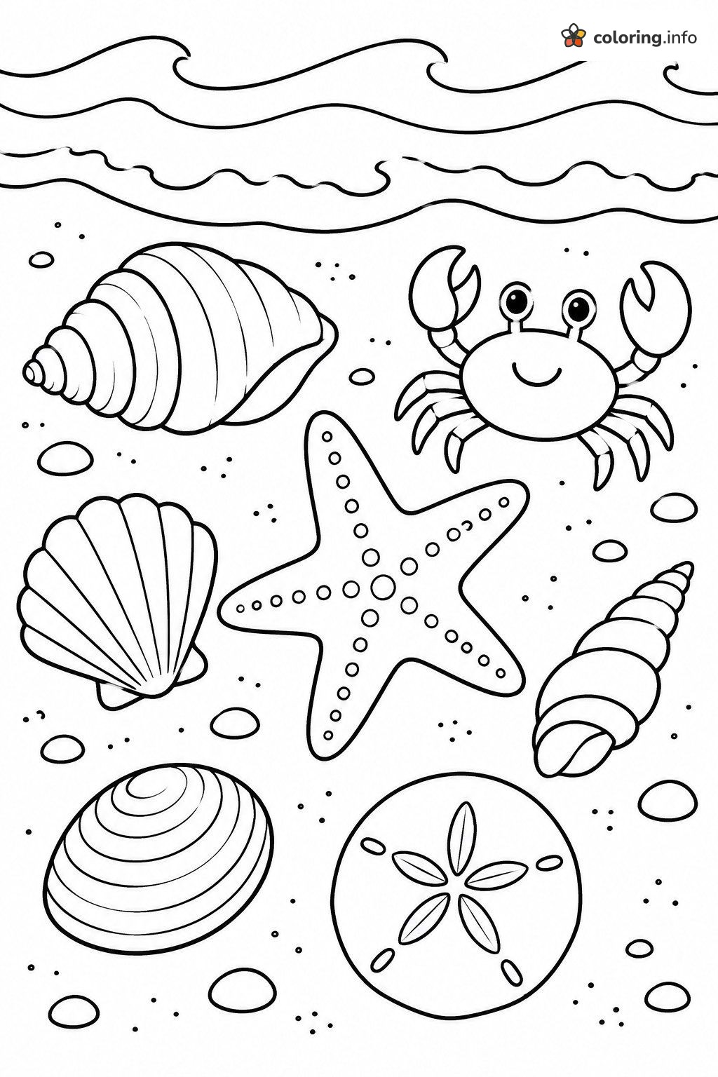 Smiling Crab and Seashells, Adult Coloring Beach Page coloring page Smiling Crab and Seashells, Adult Coloring Beach Page coloring page
