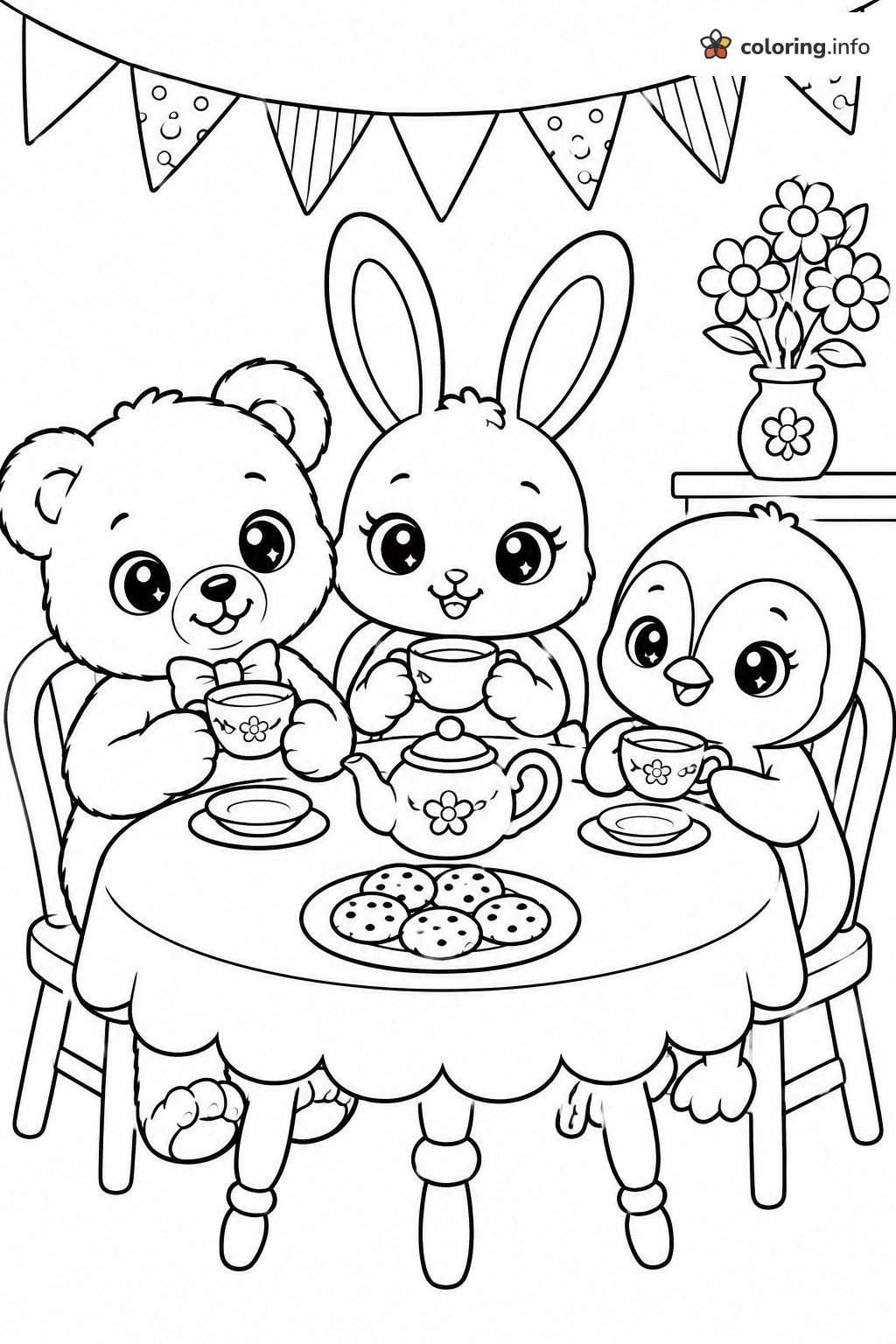Tea Party Beanie Boos Page with Bear, Bunny and Penguin coloring page Tea Party Beanie Boos Page with Bear, Bunny and Penguin coloring page
