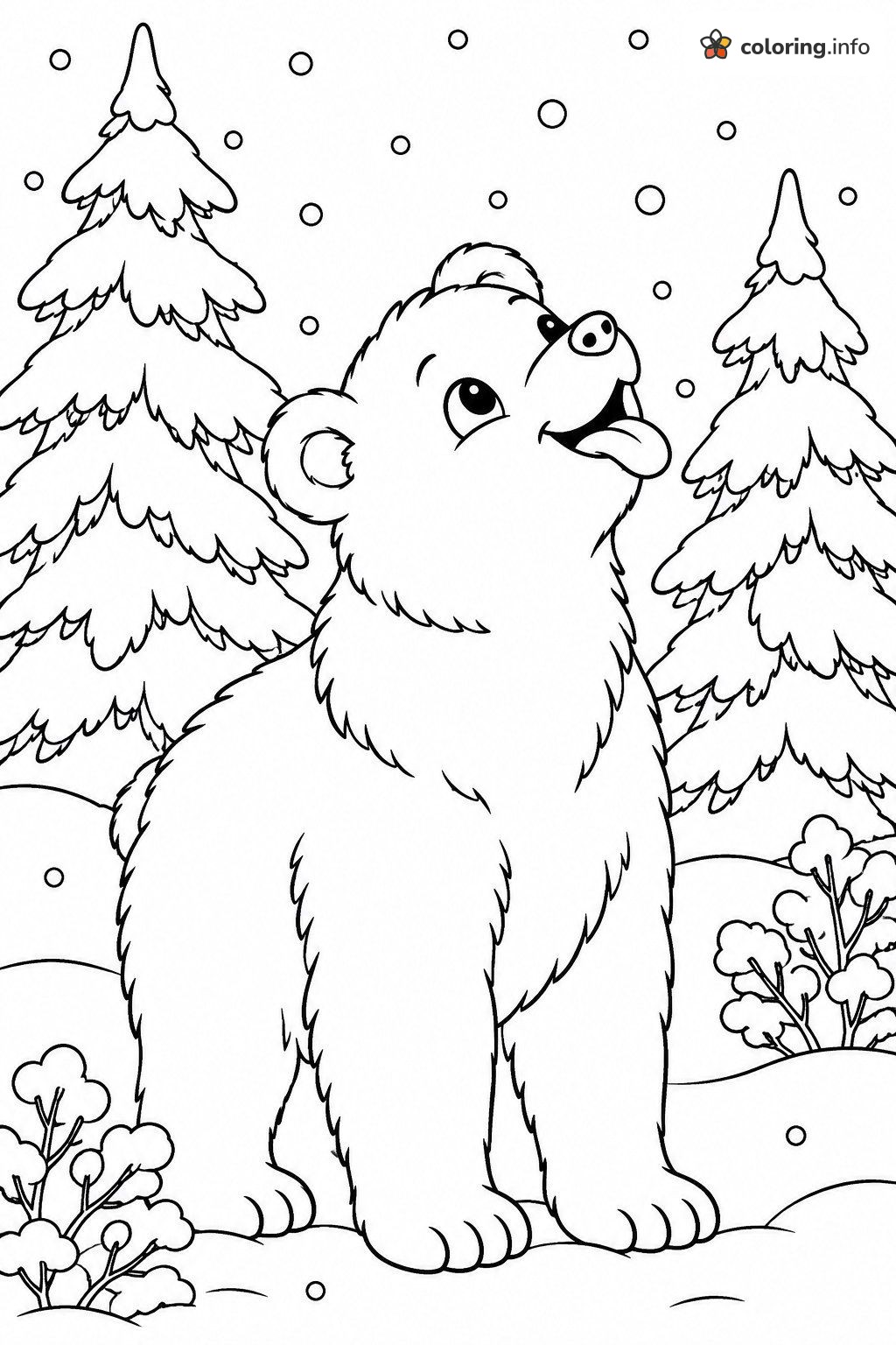 Snowflake Catching Bear Cub in a Pine Forest coloring page Snowflake Catching Bear Cub in a Pine Forest coloring page