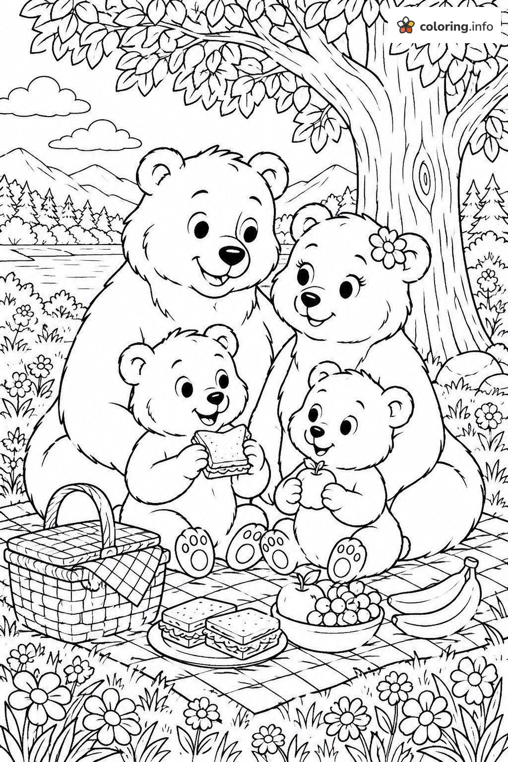 Picnic Time for a Bear Family by the Lake coloring page Picnic Time for a Bear Family by the Lake coloring page