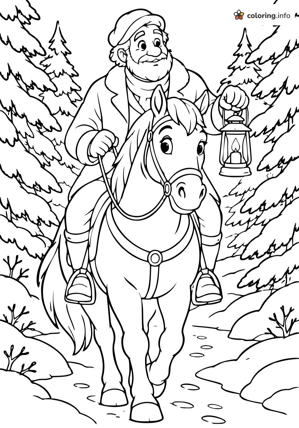Snowy Forest Ride with a Lantern, Beauty and the Beast Coloring Page Snowy Forest Ride with a Lantern, Beauty and the Beast Coloring Page