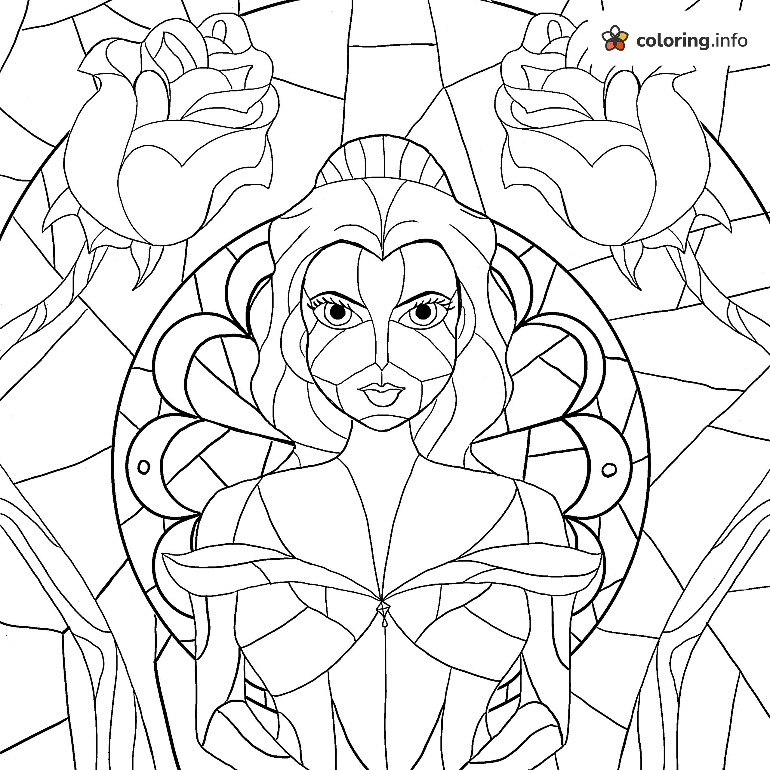 Stained Glass Belle with Two Roses, Beauty and the Beast Portrait coloring sheet Stained Glass Belle with Two Roses, Beauty and the Beast Portrait coloring sheet
