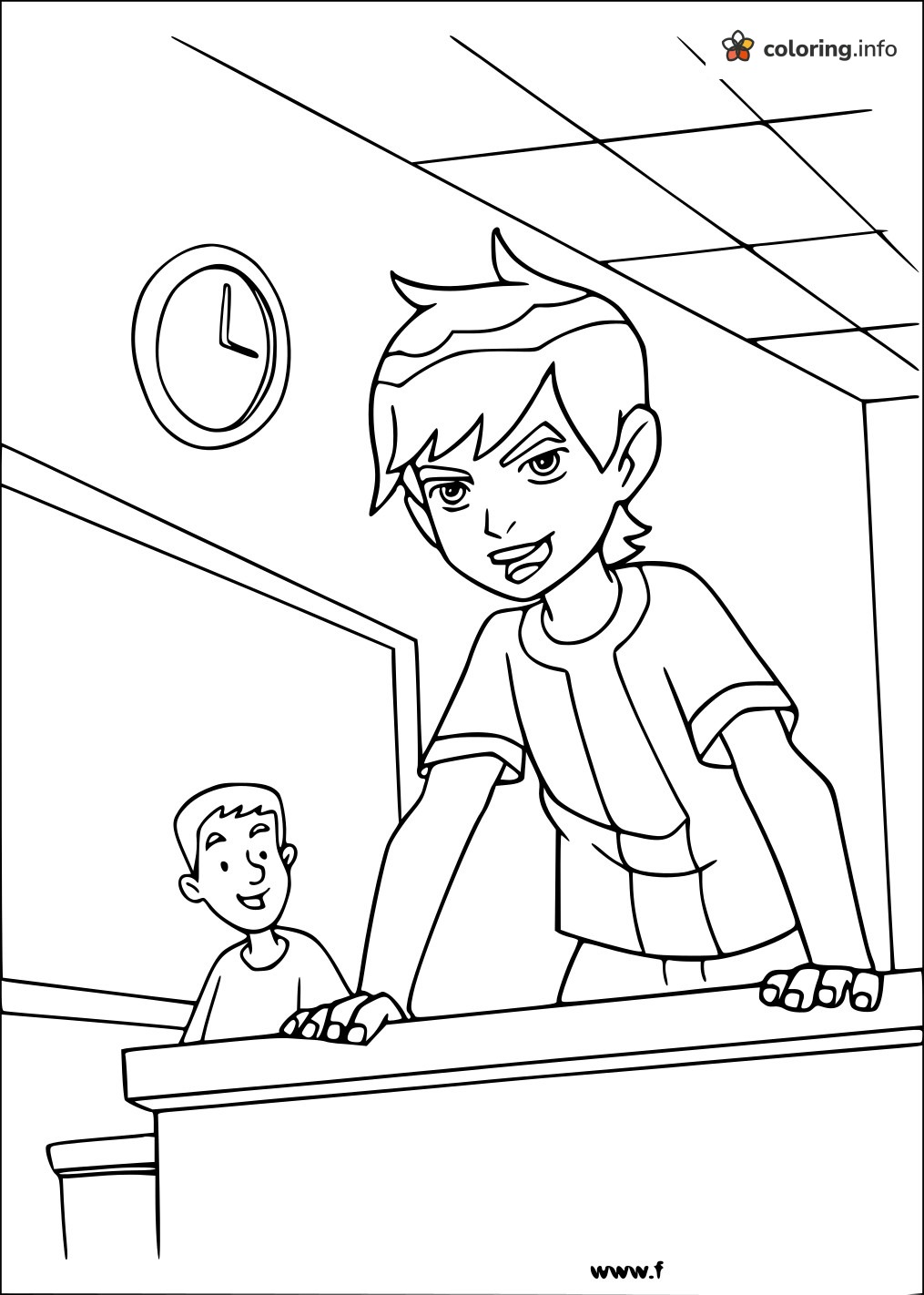 Ben Tennyson Leaning on a Classroom Desk, Ben 10 Page coloring sheet Ben Tennyson Leaning on a Classroom Desk, Ben 10 Page coloring sheet