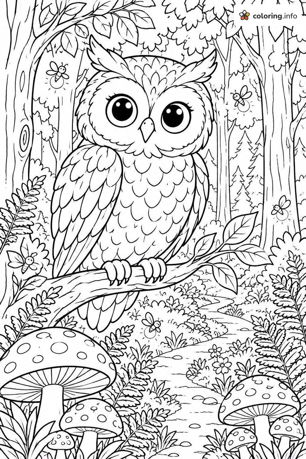 Forest Owl With Mushrooms and Fireflies coloring sheet Forest Owl With Mushrooms and Fireflies coloring sheet