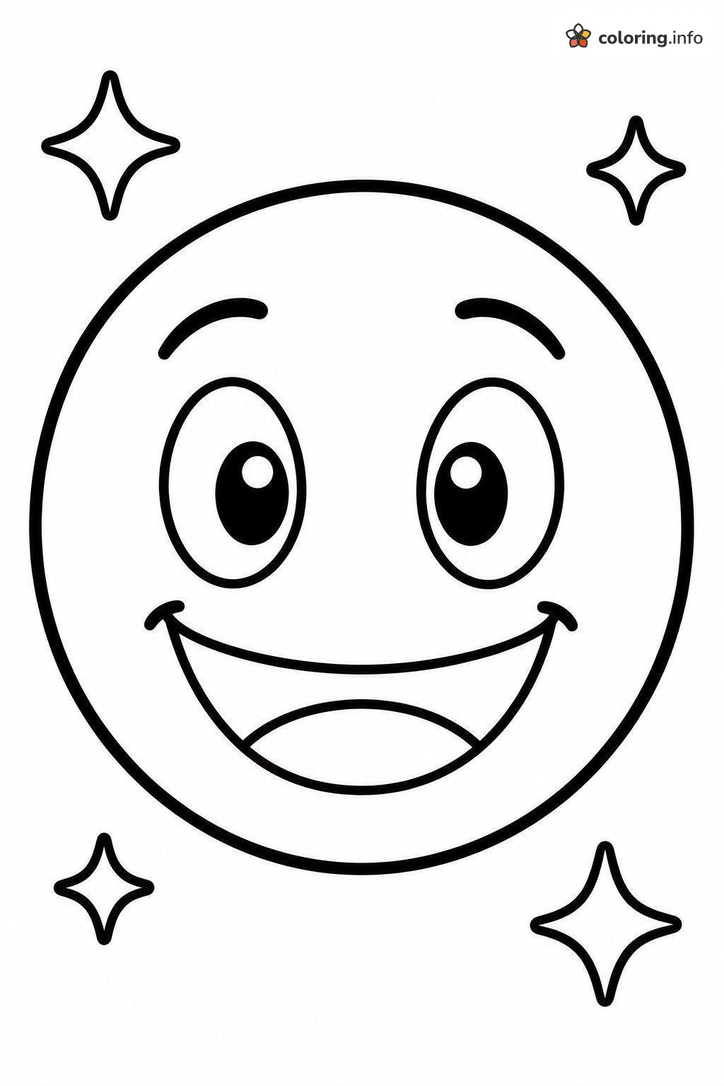 Big Grinning Emoji With Four Sparkle Stars coloring page Big Grinning Emoji With Four Sparkle Stars coloring page