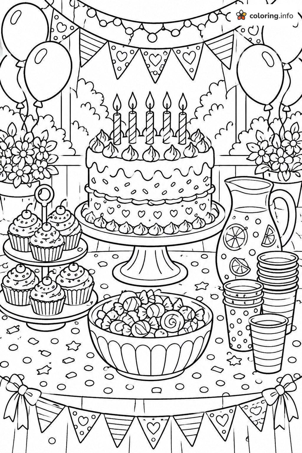 Happy Birthday Party Table with Cake, Cupcakes and Lemonade coloring page Happy Birthday Party Table with Cake, Cupcakes and Lemonade coloring page