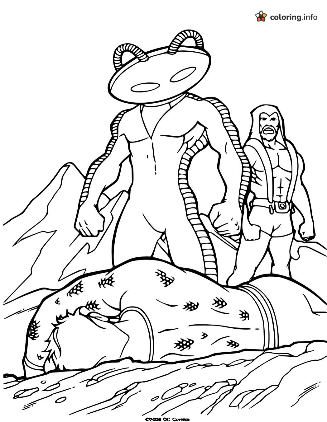 Black Manta Towering Over a Fallen Aquaman printable coloring page Black Manta Towering Over a Fallen Aquaman printable coloring page