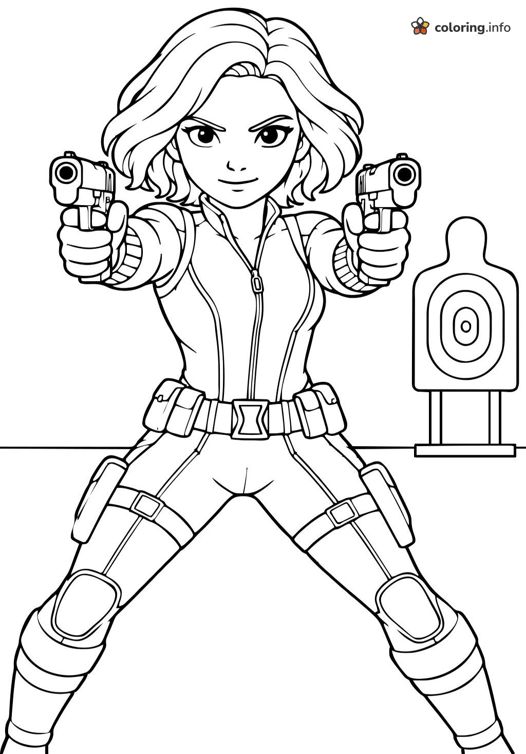 Target Practice With Black Widow and Two Pistols printable coloring page Target Practice With Black Widow and Two Pistols printable coloring page