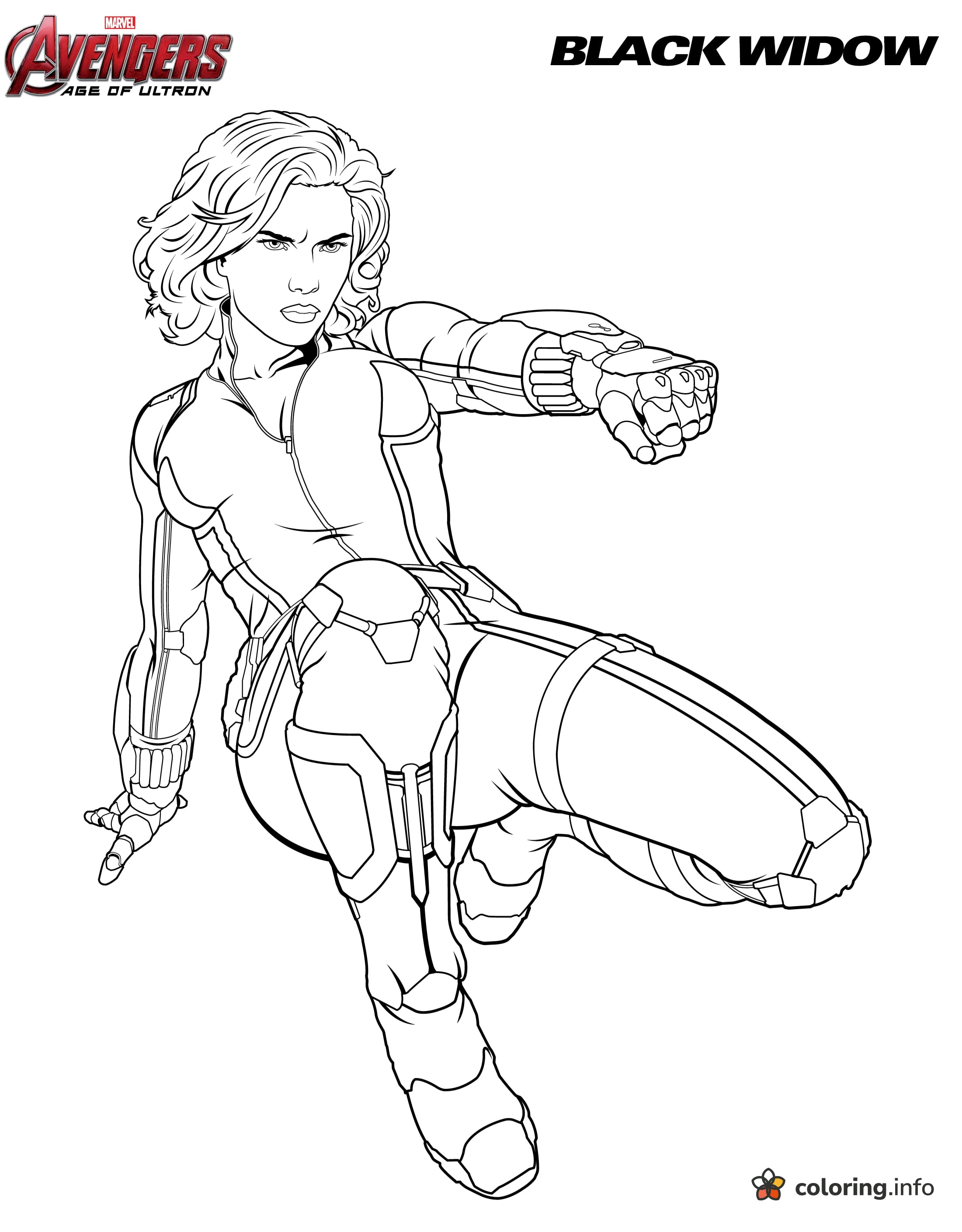 Mid-Leap Black Widow With Fist Extended coloring page Mid-Leap Black Widow With Fist Extended coloring page