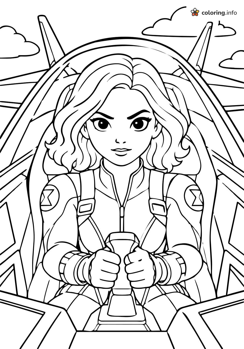 Black Widow at the Controls of a Fighter Jet coloring sheet Black Widow at the Controls of a Fighter Jet coloring sheet