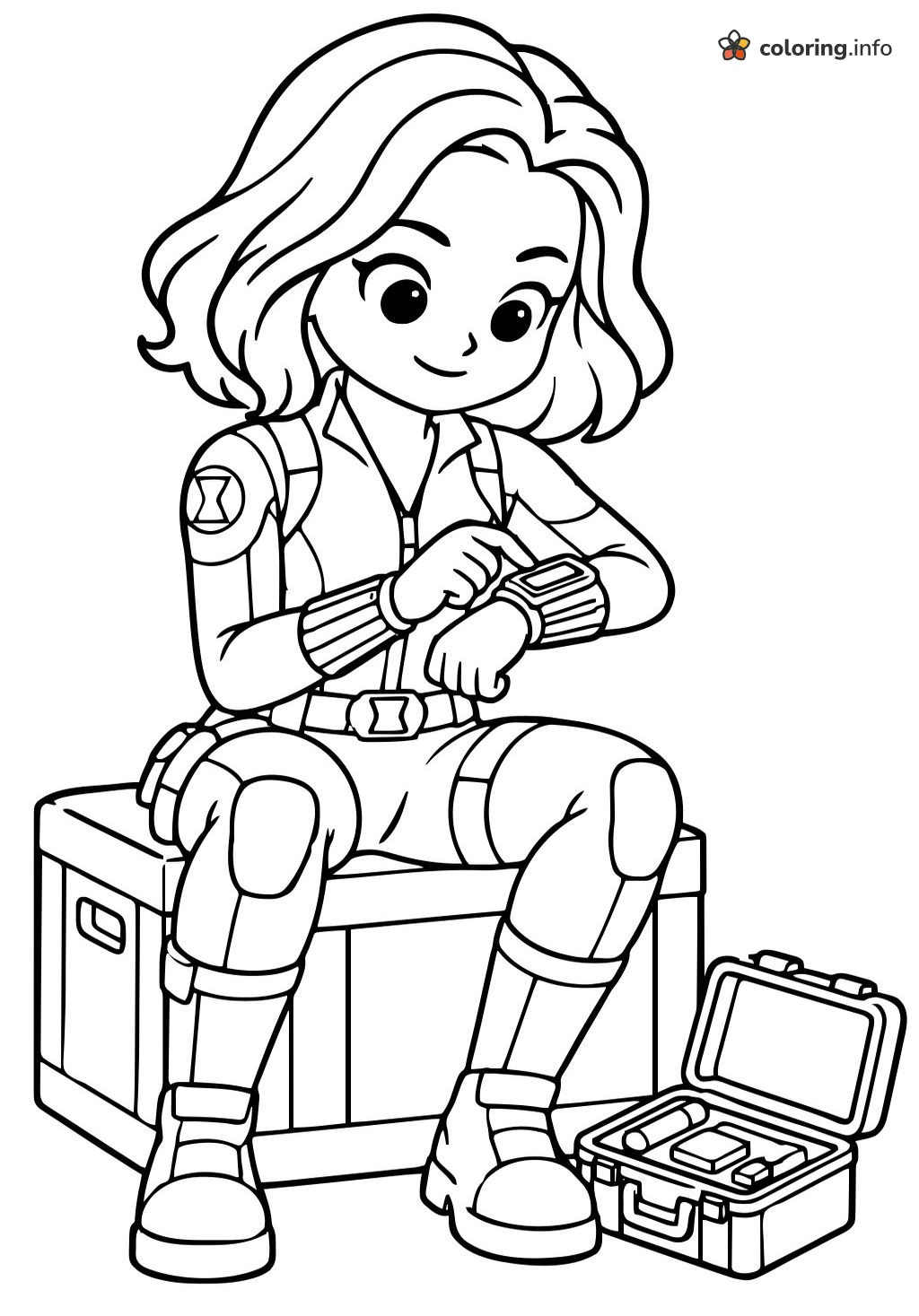 Crate-Sitting Black Widow Checking a Wrist Gadget coloring page Crate-Sitting Black Widow Checking a Wrist Gadget coloring page