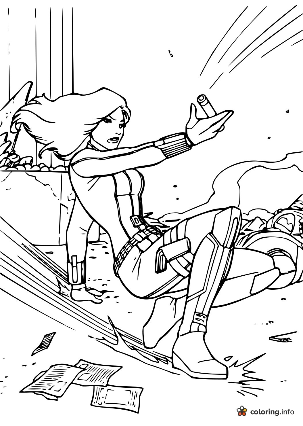 Black Widow Skidding Through Rubble, Captain America Team Page coloring page Black Widow Skidding Through Rubble, Captain America Team Page coloring page