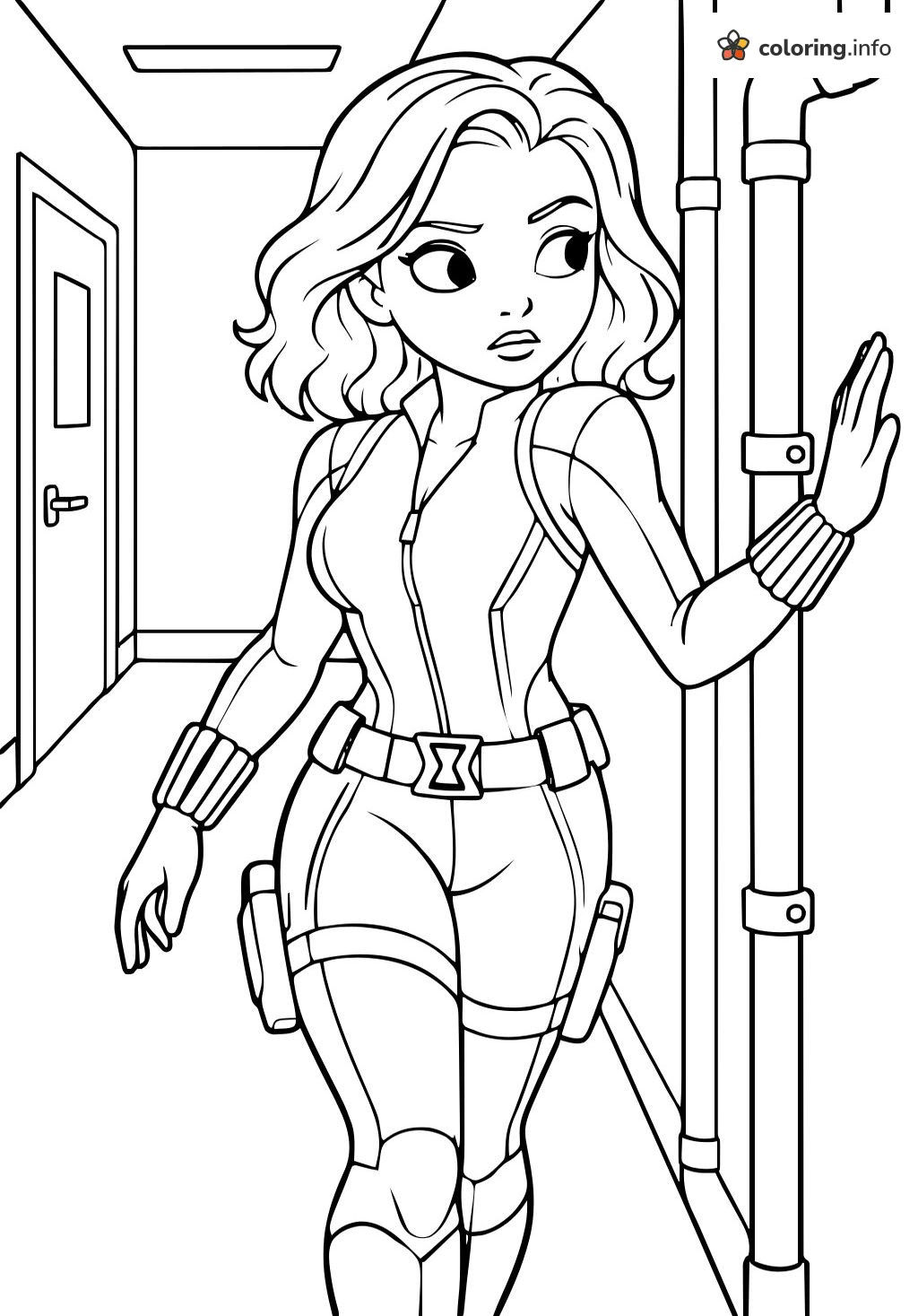 Sneaking Black Widow Beside a Hallway Pipe printable coloring page Sneaking Black Widow Beside a Hallway Pipe printable coloring page