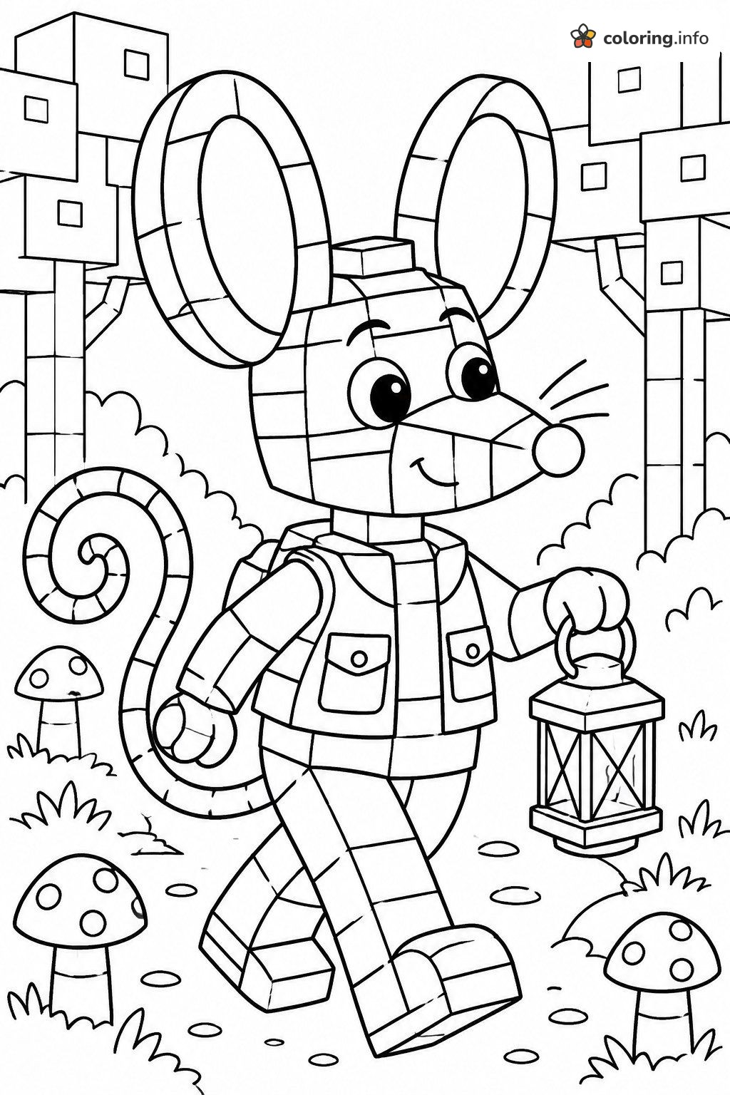 Brick Mouse with Lantern Walking Past Mushrooms: Lego Disney Page coloring page Brick Mouse with Lantern Walking Past Mushrooms: Lego Disney Page coloring page