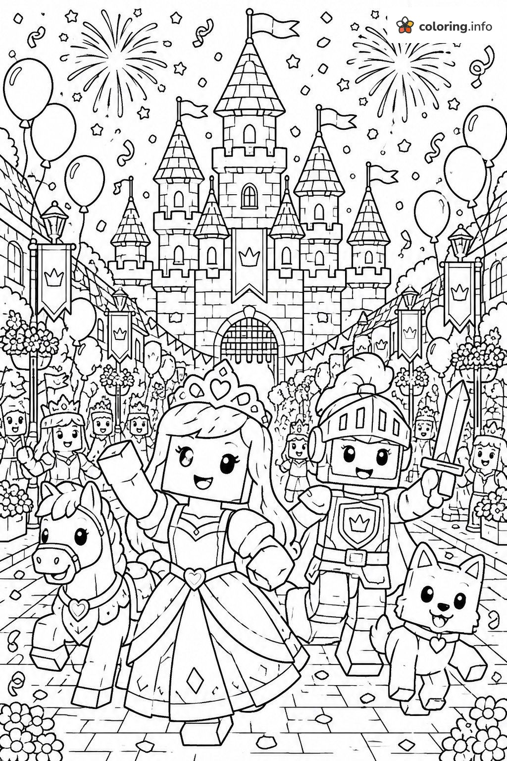 Castle Parade with Princess and Knight in Lego Disney Style coloring page Castle Parade with Princess and Knight in Lego Disney Style coloring page