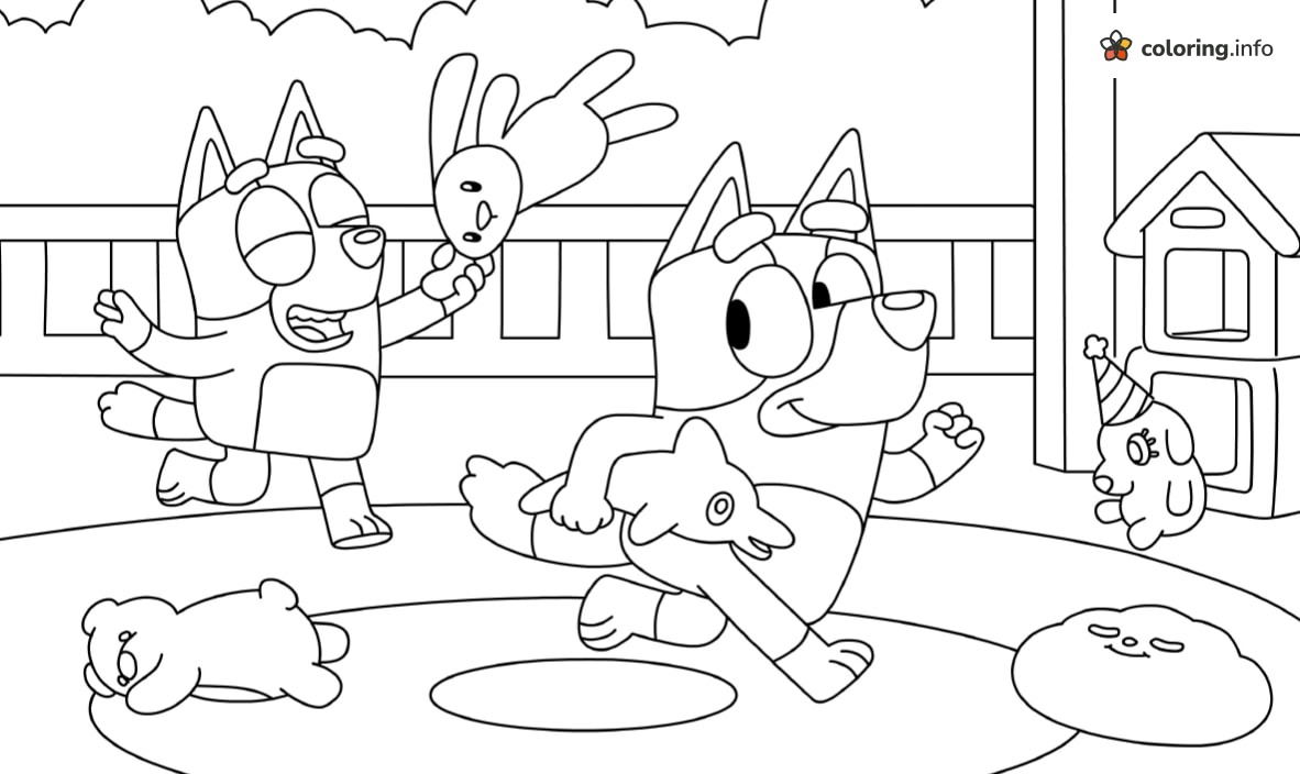Backyard Chase With Bluey and Bingo coloring sheet Backyard Chase With Bluey and Bingo coloring sheet
