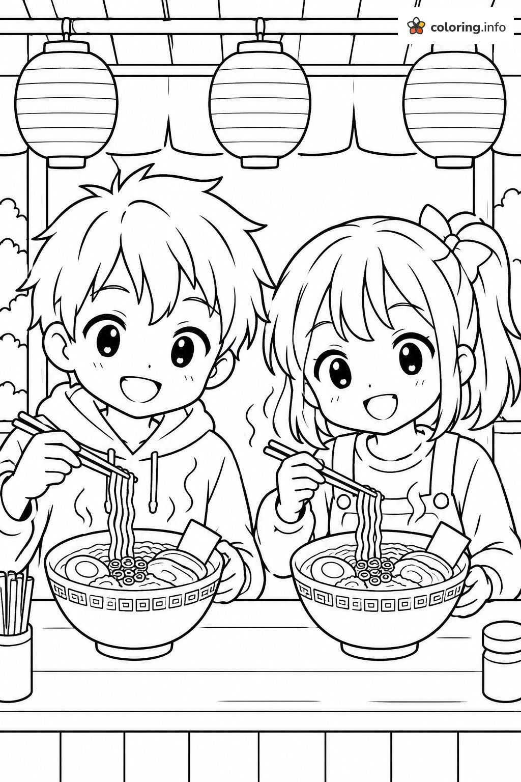 Ramen Night, Anime Style Kids Under Paper Lanterns coloring page Ramen Night, Anime Style Kids Under Paper Lanterns coloring page