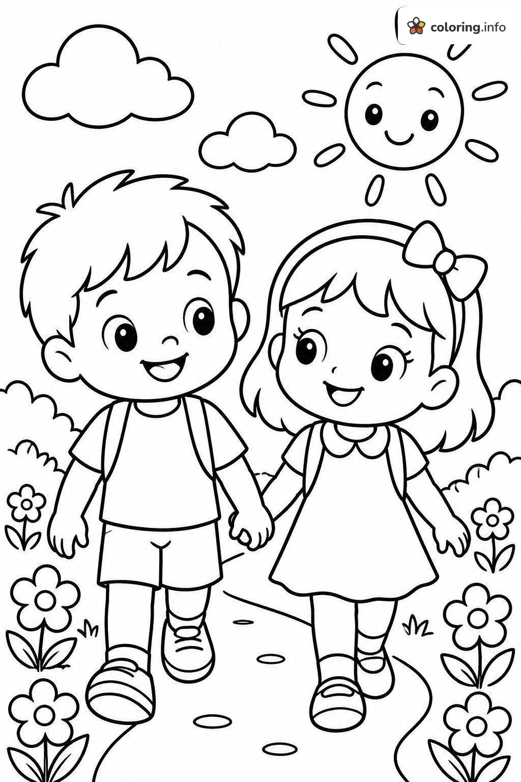 Boy and Girl Friendship Walk Along a Flower Path printable coloring page Boy and Girl Friendship Walk Along a Flower Path printable coloring page