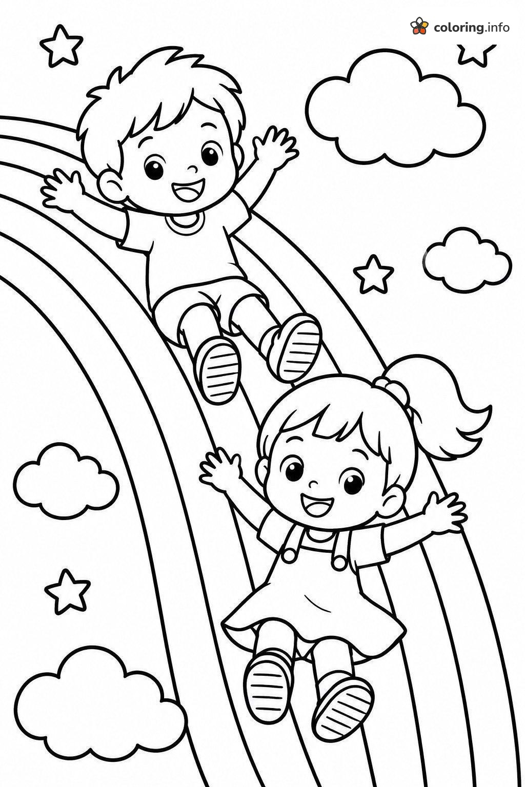 Kids Sliding Down a Rainbow Together coloring page Kids Sliding Down a Rainbow Together coloring page