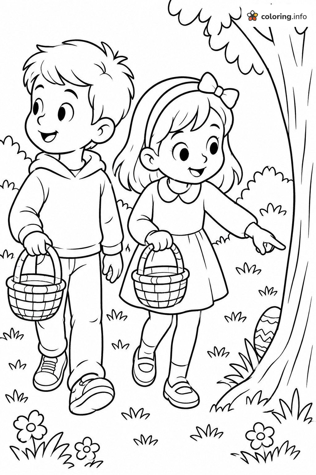 Two Kids Walking the Woods on an Easter Egg Hunt coloring page Two Kids Walking the Woods on an Easter Egg Hunt coloring page