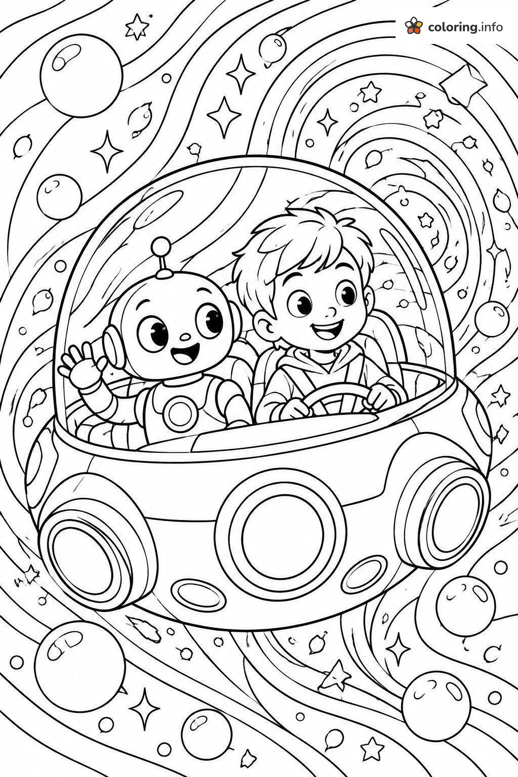 Boy and Little Robot on a Swirly Doraemon Space Trip coloring page Boy and Little Robot on a Swirly Doraemon Space Trip coloring page