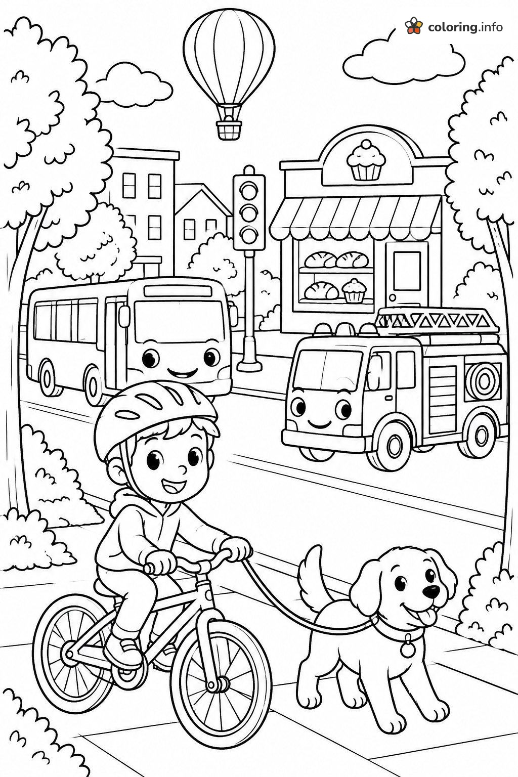 City Street I Spy: Boy on a Bike, Puppy, Bus and Fire Truck coloring page City Street I Spy: Boy on a Bike, Puppy, Bus and Fire Truck coloring page