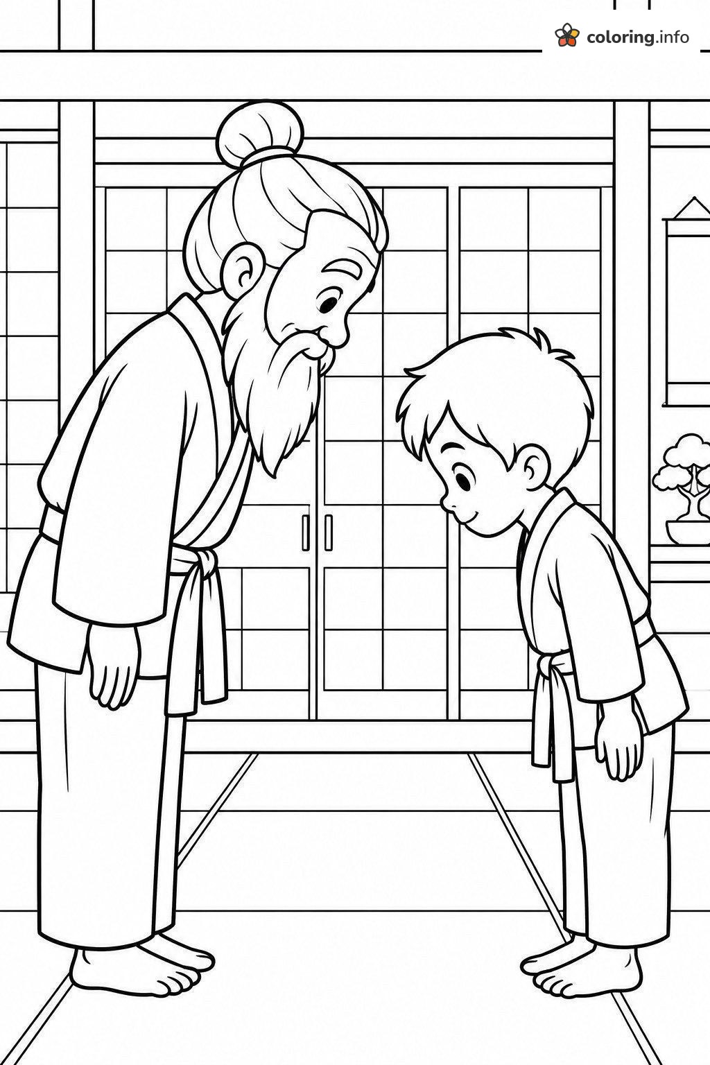 Bowing Boy and Old Master in a Martial Arts Dojo coloring page Bowing Boy and Old Master in a Martial Arts Dojo coloring page