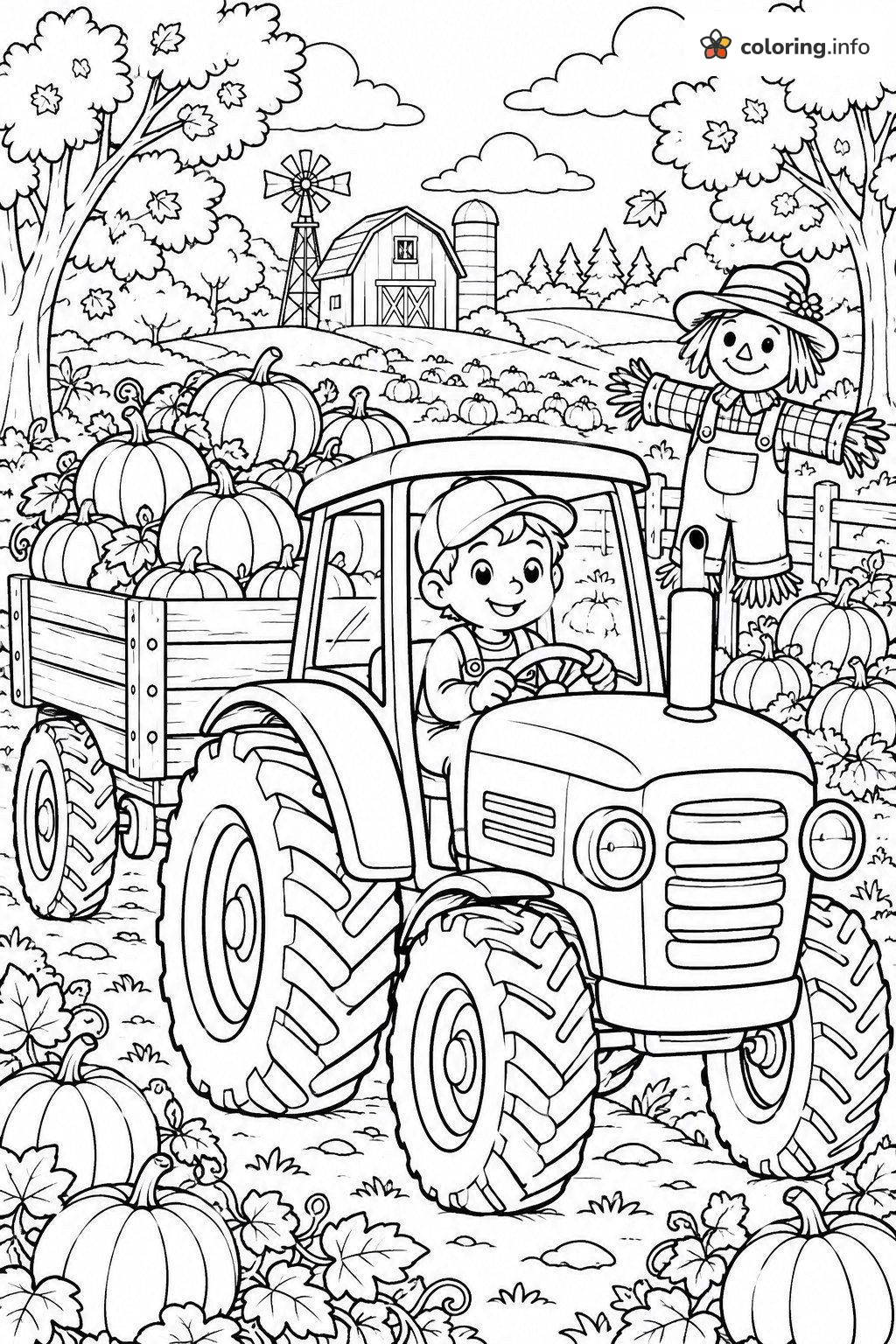 Pumpkin Patch Tractor Ride With a Friendly Scarecrow coloring page Pumpkin Patch Tractor Ride With a Friendly Scarecrow coloring page
