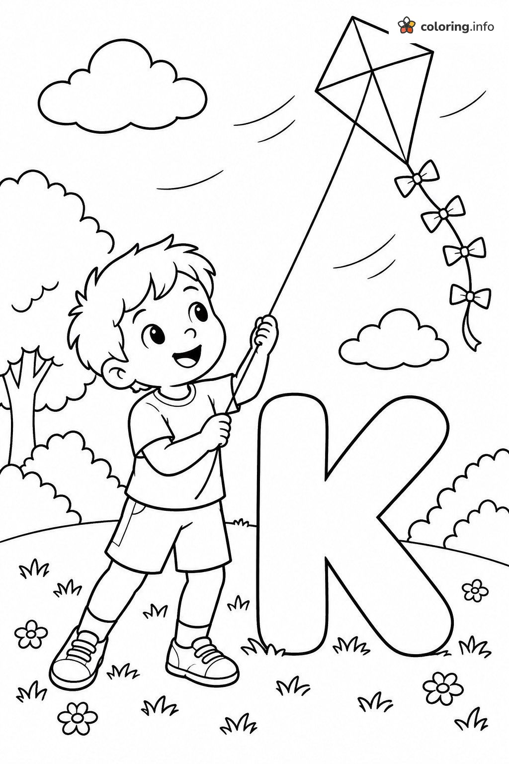 Boy with a Kite and Alphabet Letter K coloring page Boy with a Kite and Alphabet Letter K coloring page