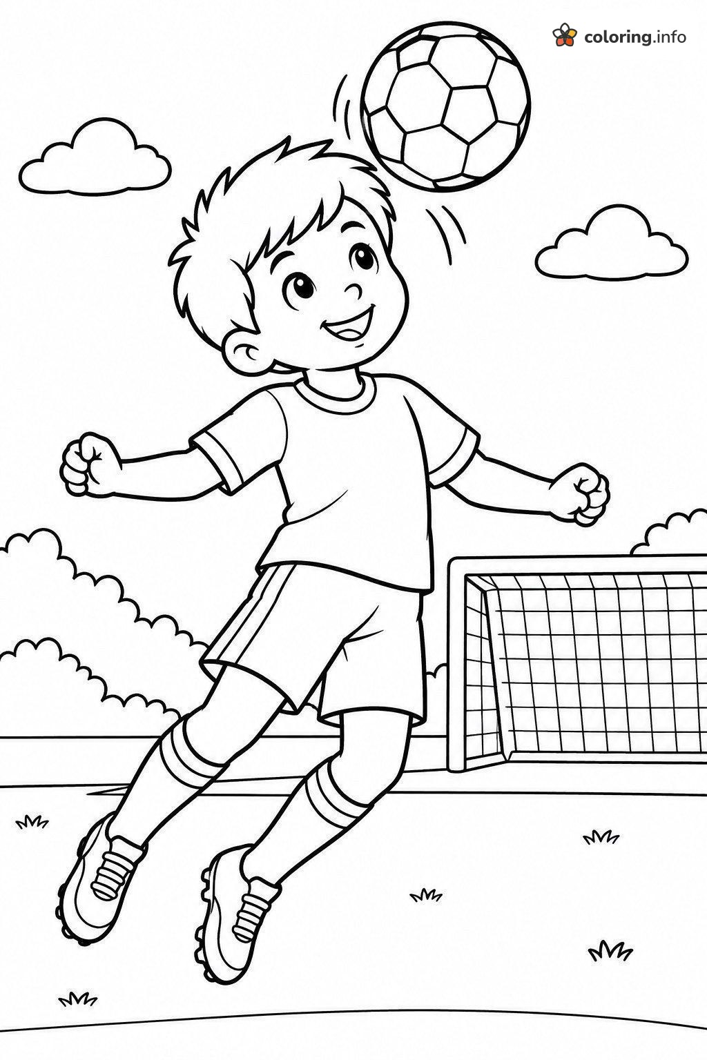 Boy Heading a Soccer Ball by the Goal coloring sheet Boy Heading a Soccer Ball by the Goal coloring sheet