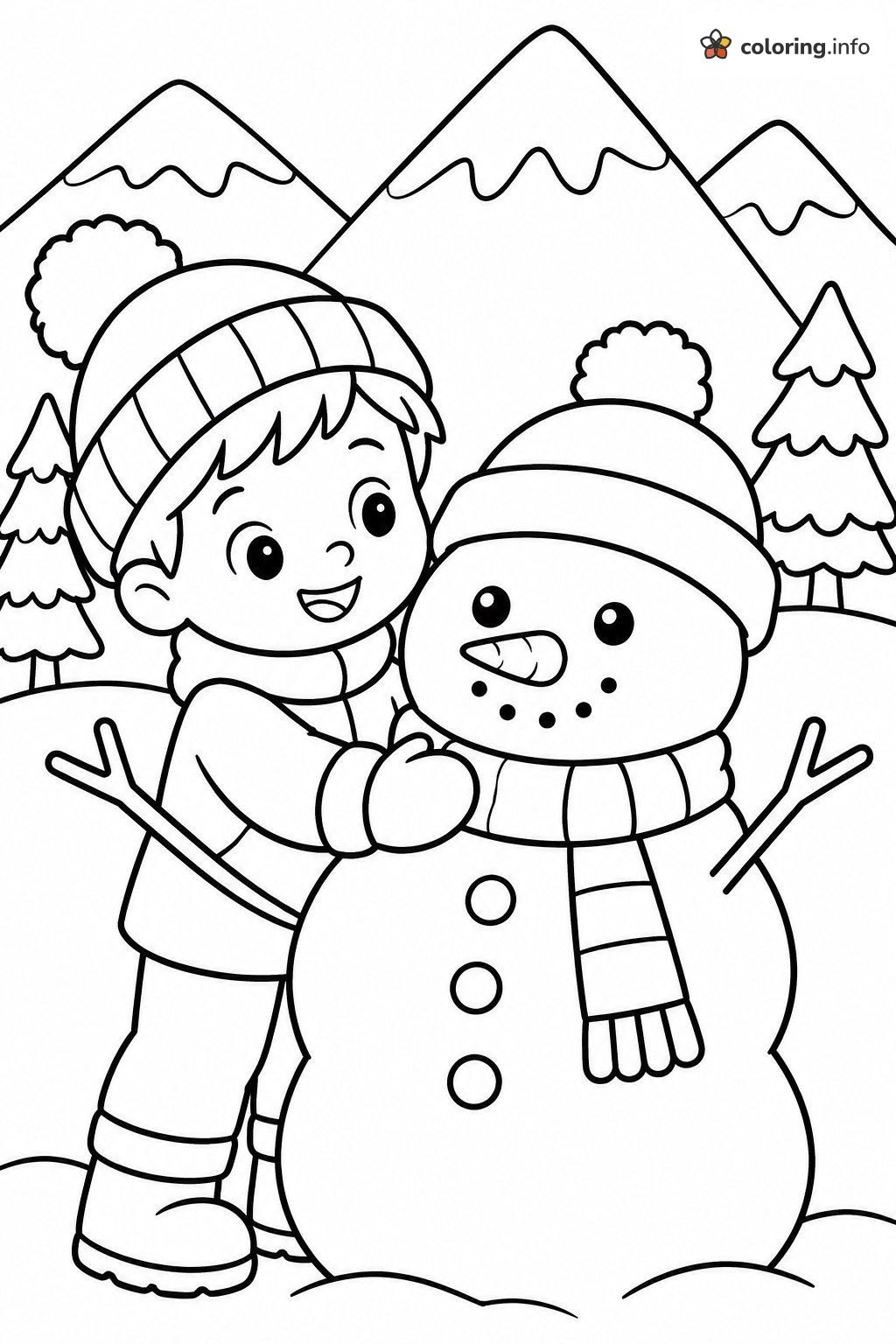 Boy and Snowman Hug in the Snowy Mountains coloring page Boy and Snowman Hug in the Snowy Mountains coloring page