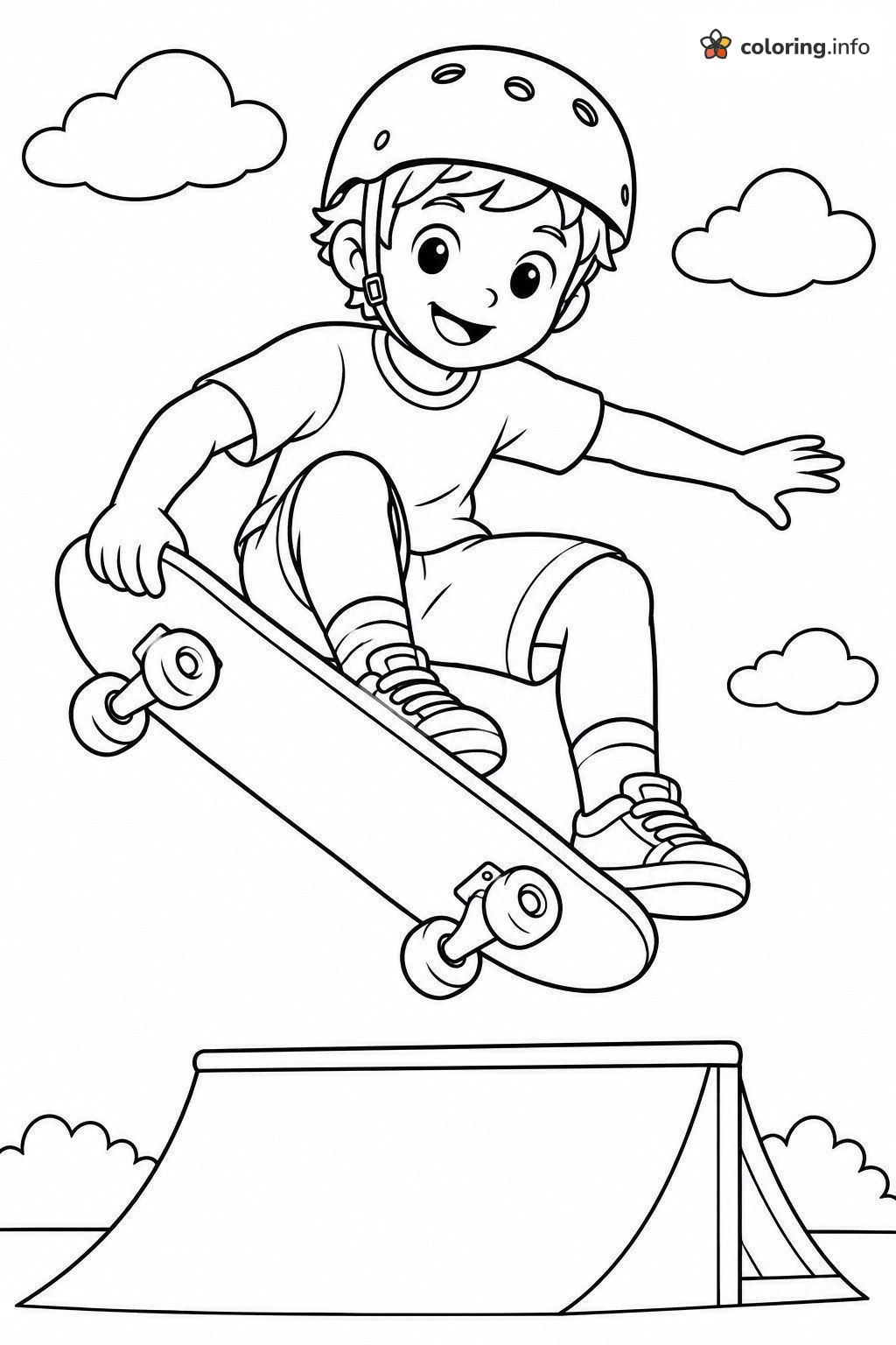 Skateboarding Boy Jumping Over a Quarter-Pipe Ramp coloring sheet Skateboarding Boy Jumping Over a Quarter-Pipe Ramp coloring sheet