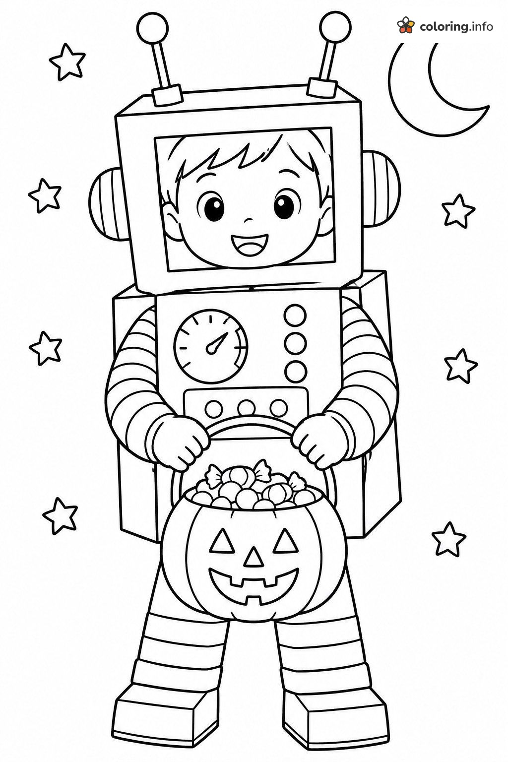 Robot Costume Boy Ready to Trick-or-Treat coloring sheet Robot Costume Boy Ready to Trick-or-Treat coloring sheet