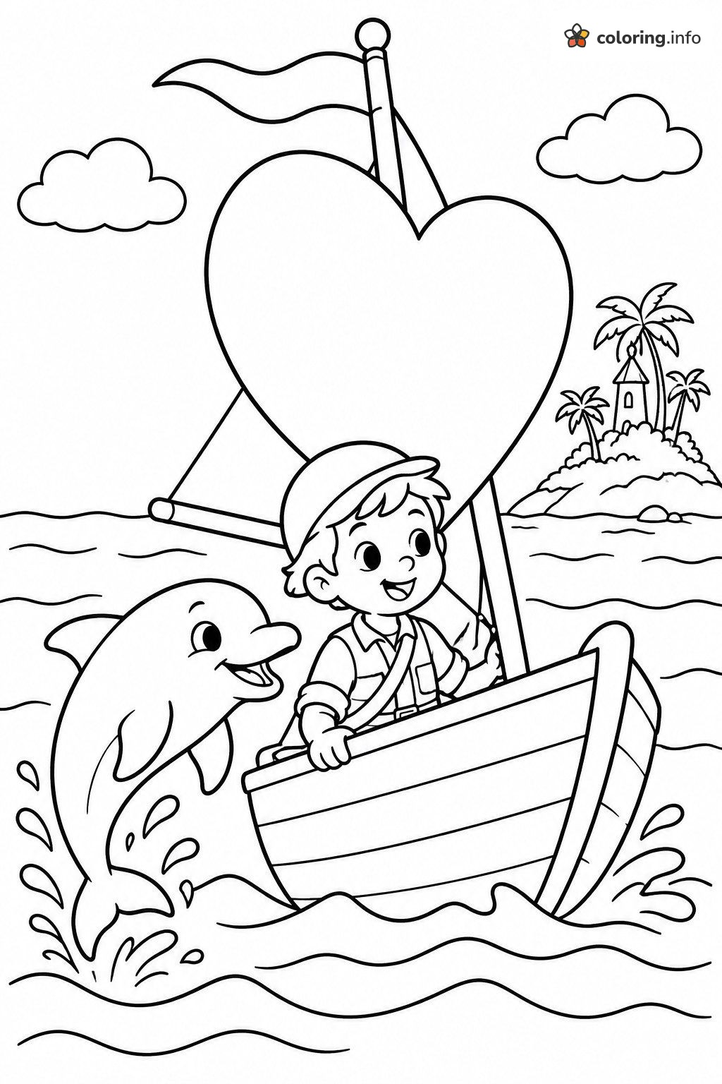 Boy in a Heart-Sail Boat With a Dolphin, The Legend of Zelda Printable coloring sheet Boy in a Heart-Sail Boat With a Dolphin, The Legend of Zelda Printable coloring sheet